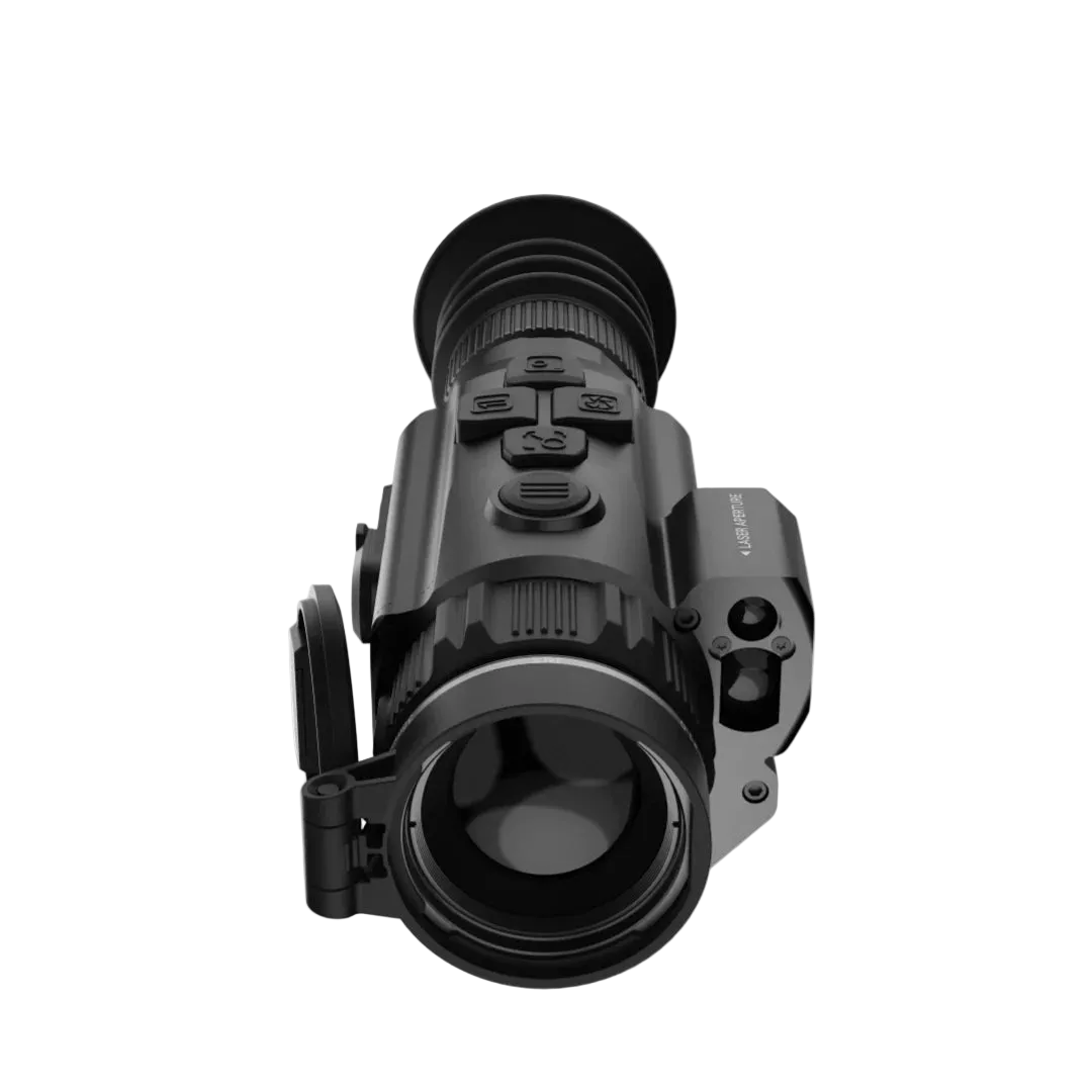 A black RIX thermal imaging rifle scope with an attached flip-down eyepiece, shown from a high-angle perspective