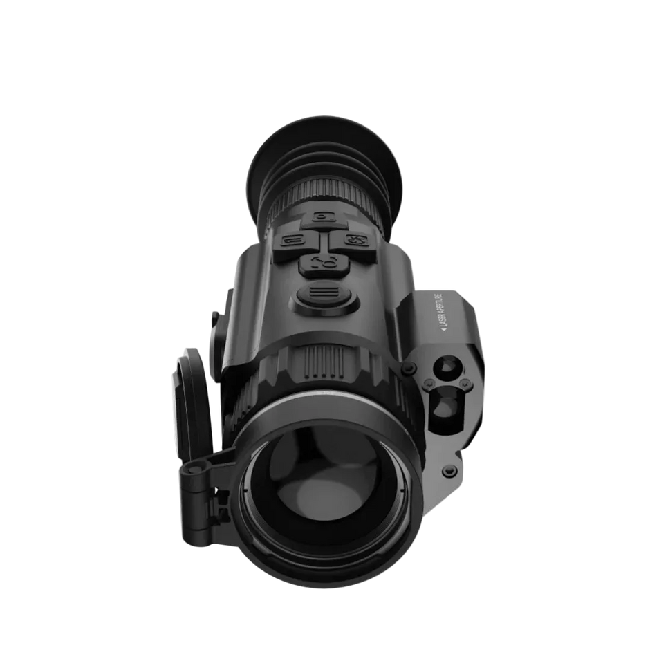 A black RIX thermal imaging rifle scope with an attached flip-down eyepiece, shown from a high-angle perspective
