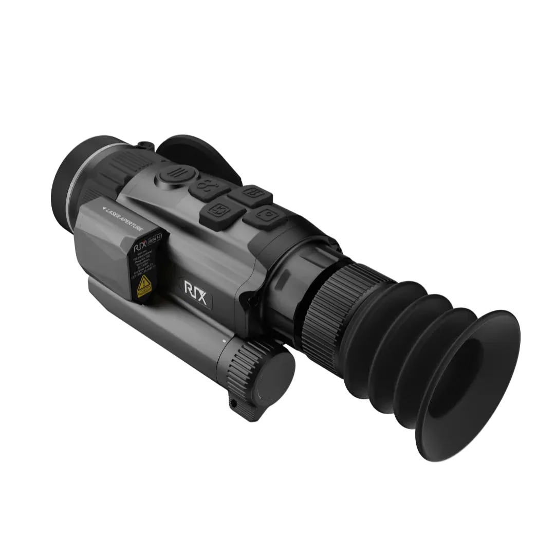 A black RIX thermal rifle scope with a side battery pack and protective eyepiece, shown at an angle