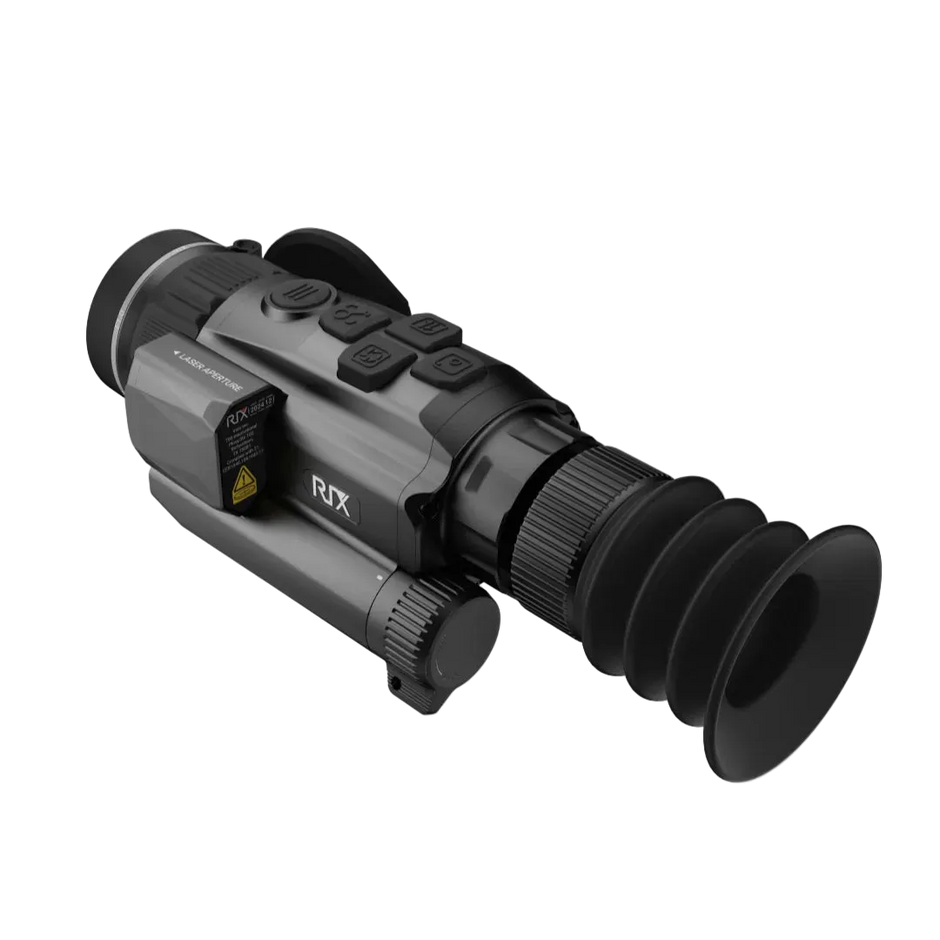 A black RIX thermal rifle scope with a side battery pack and protective eyepiece, shown at an angle