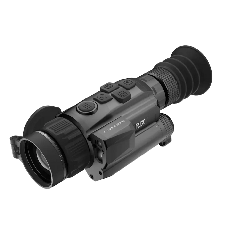 A black RIX thermal imaging scope with a rubberized eyecup, adjustable lens, and control buttons on top, shown against a plain white background.