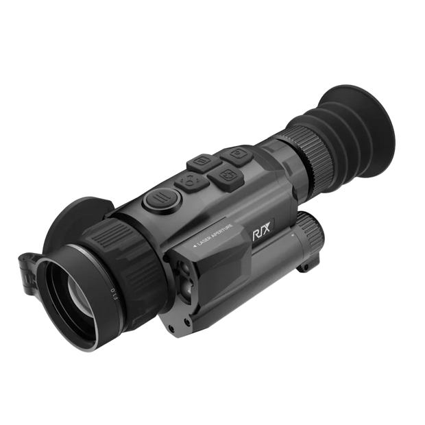 A black RIX thermal imaging scope with a rubberized eyecup, adjustable lens, and control buttons on top, shown against a plain white background.