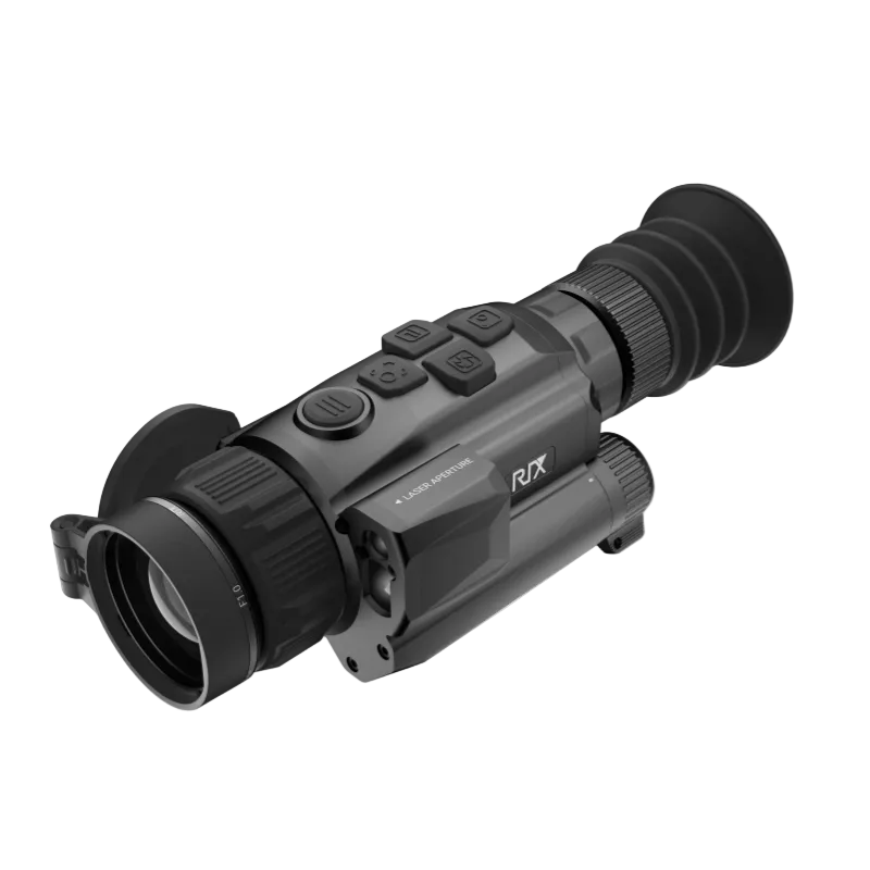 A black RIX thermal monocular scope with multiple control buttons on top, a rubber eyepiece tube, and a protective lens hood