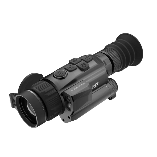 A black RIX thermal monocular scope with multiple control buttons on top, a rubber eyepiece tube, and a protective lens hood