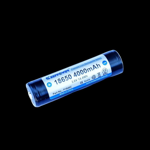 A 18650 lithium-ion rechargeable battery from KEPOVER, featuring a blue casing with a white and blue label